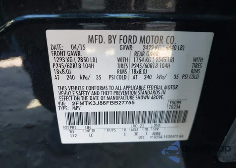 2015 Ford Edge Sel из США, поврежденный, VIN 2FMTK3J86FBB27755